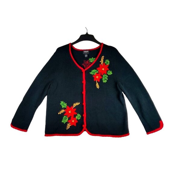 VTG 90s Christmas Sweater Cardigan L Design Originals Studio Joy Poinsettias - Picture 2 of 15
